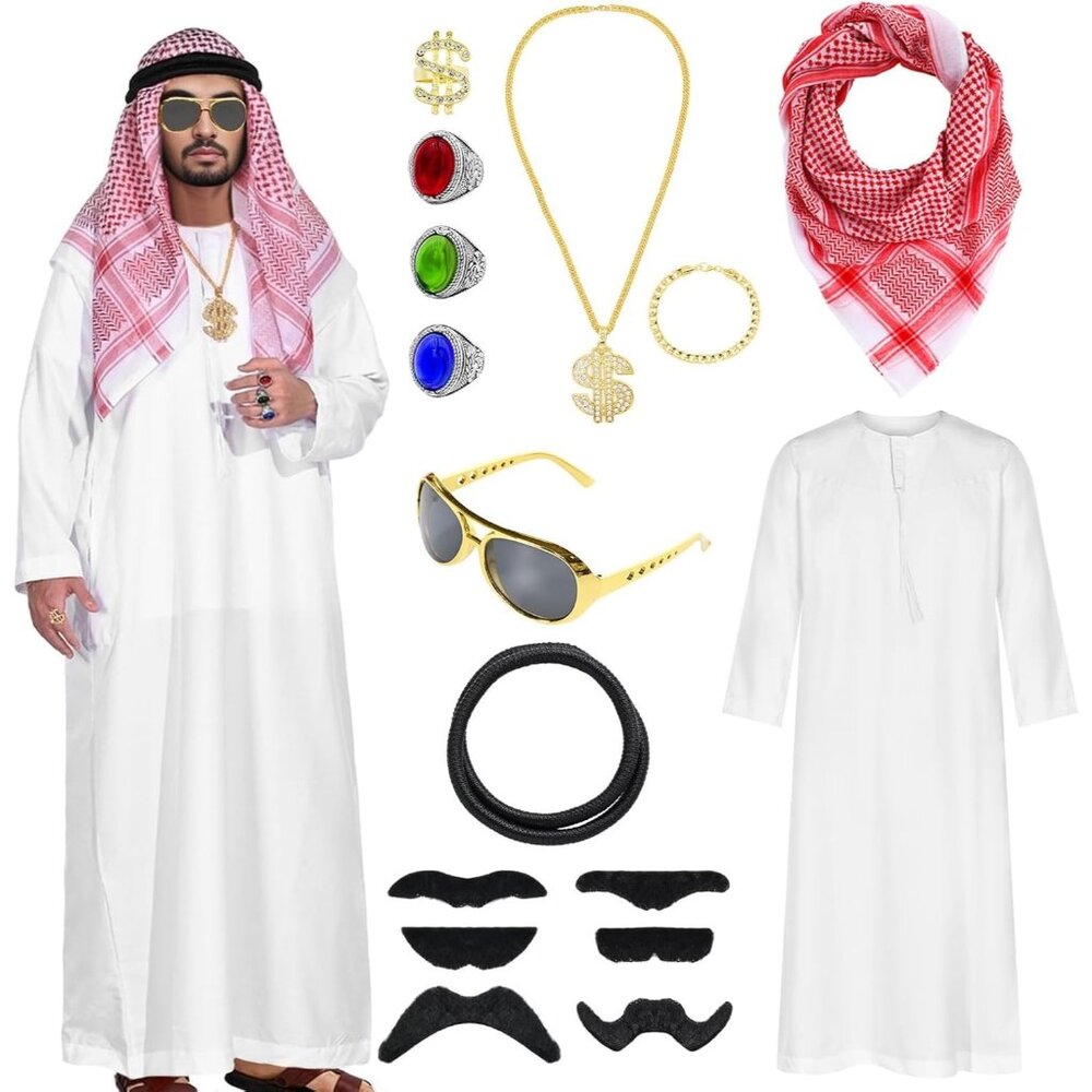 Arab Costume Shemagh Keffiyeh Scarf Arabian Costume Sheik Robe Halloween Men's M